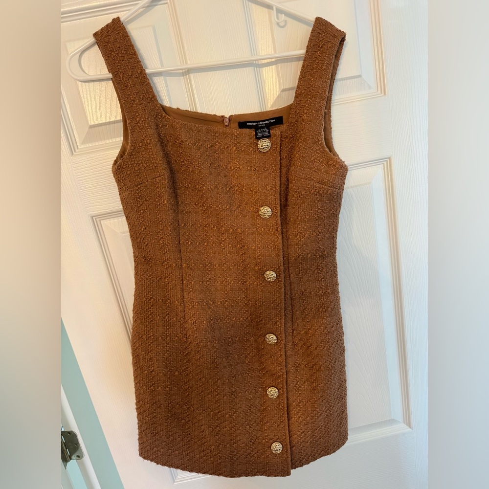 French Connection Structured Tweed Square Neck Minidress